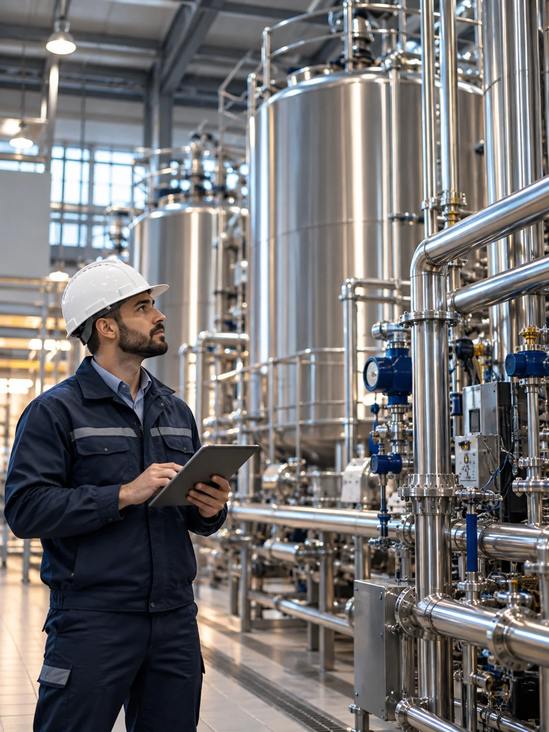 Engineer Inspecting Stainless Steel Plant