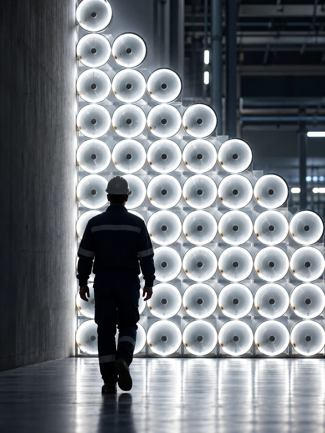 Silhouetted Worker Among Glowing Industrial Discs